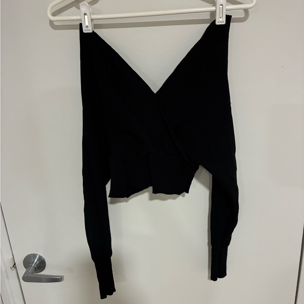 Black Off-Shoulder Wrap Knit Top cropped